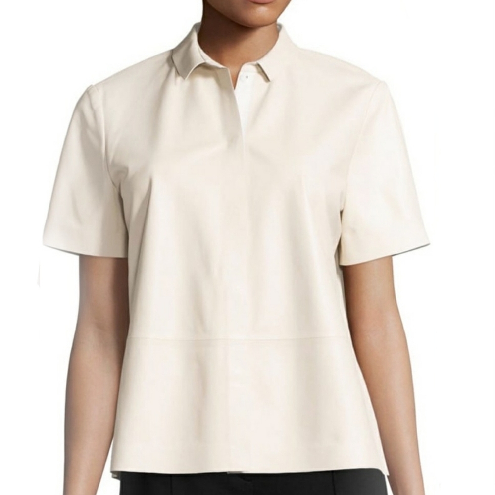 Lafayette 148 New York Maisie Lambskin Leather Snap Front Collar Blouse Medium